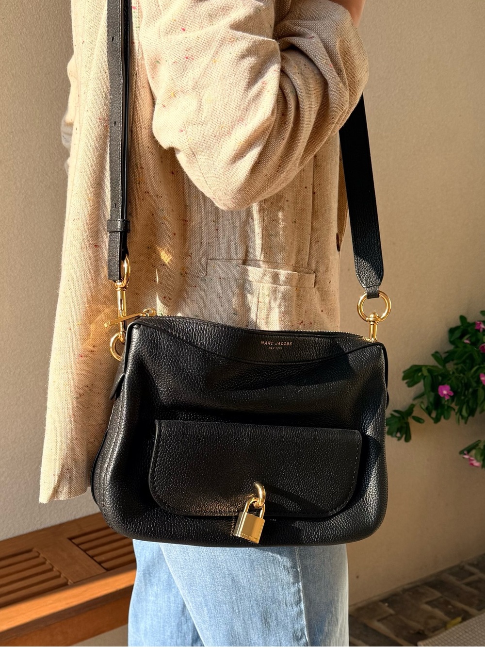 Marc Jacobs Black Pebbled Leather Crossbody with Gold Padlock